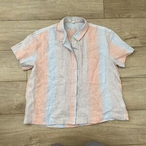 Madewell Linen Beachside Shirt Ombre Stripe Blue Pink Short Sleeve Womens Small